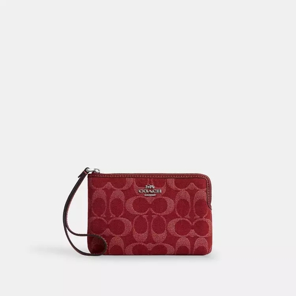 Coach Corner Zip Wristlet In Signature Denim (red) - Picture 2 of 6